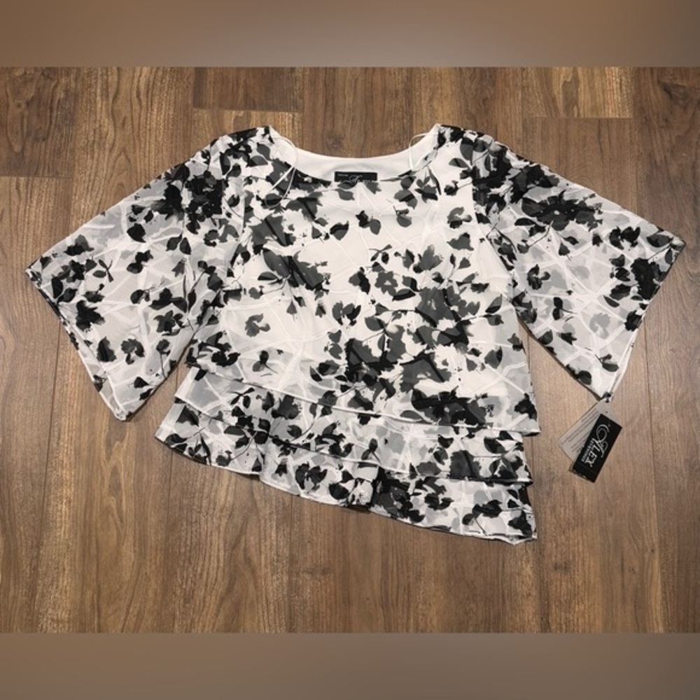 Alex evenings Printed Chiffon Blouse with Bell Sleeves and Asymmetric Triple